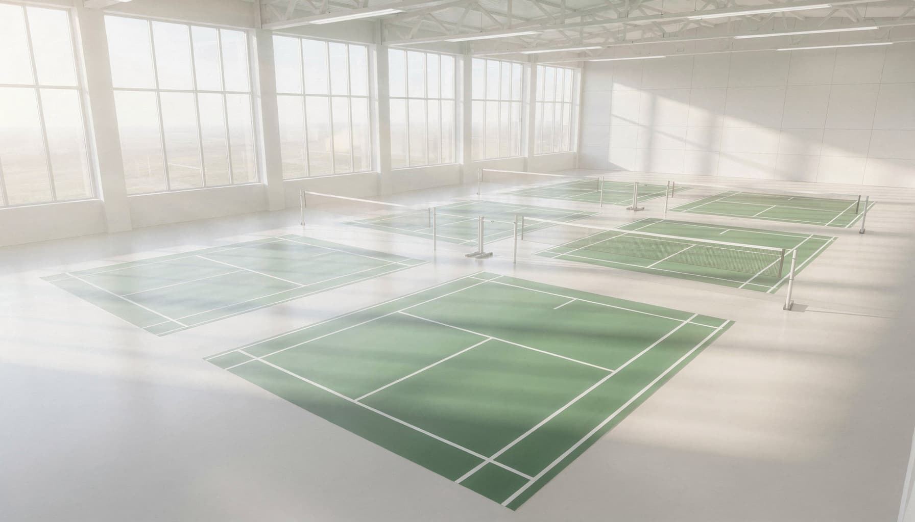 An empty sports hall with green badminton courts