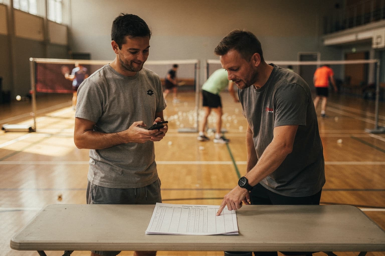 Two club organisers checking a draw sheet courtside
